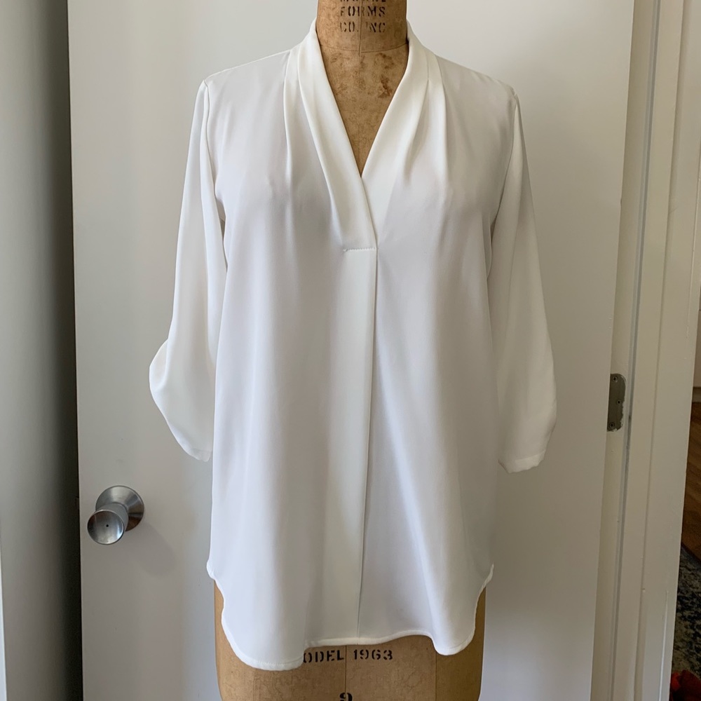 3/4 Roll Sleeve Pleat Front Woven Blouse